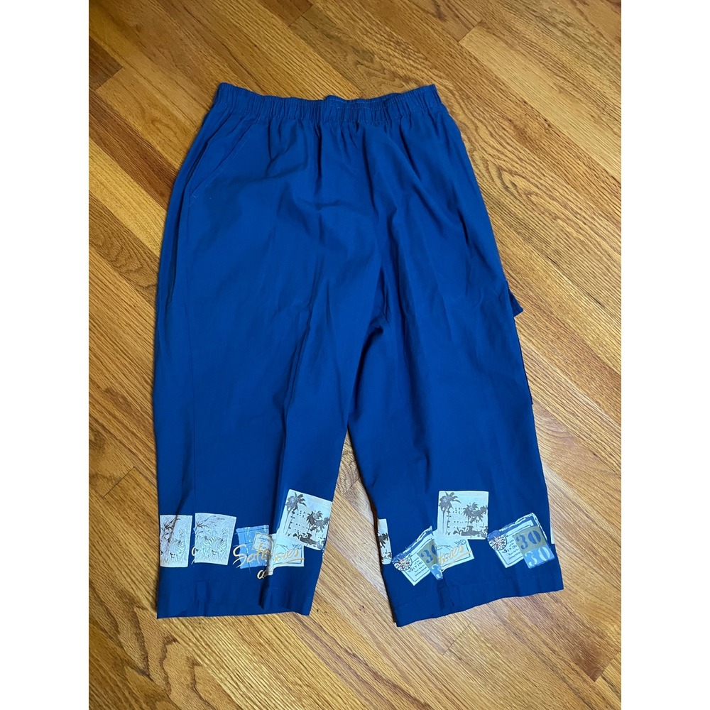 Vtg 90s Erika Blue Graphic Print Crop Pants  Medium Elastic Waist Cargo Capris